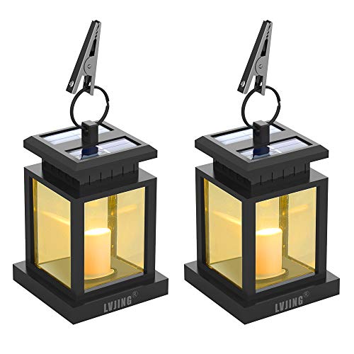 LVJING Solar Lantern,LED Lantern Lights Hanging Solar Lights Outdoor Decorative with Warm White Candle Flicker Auto Sensor On Off for Patio Landscape Path Yard (2 Pack）